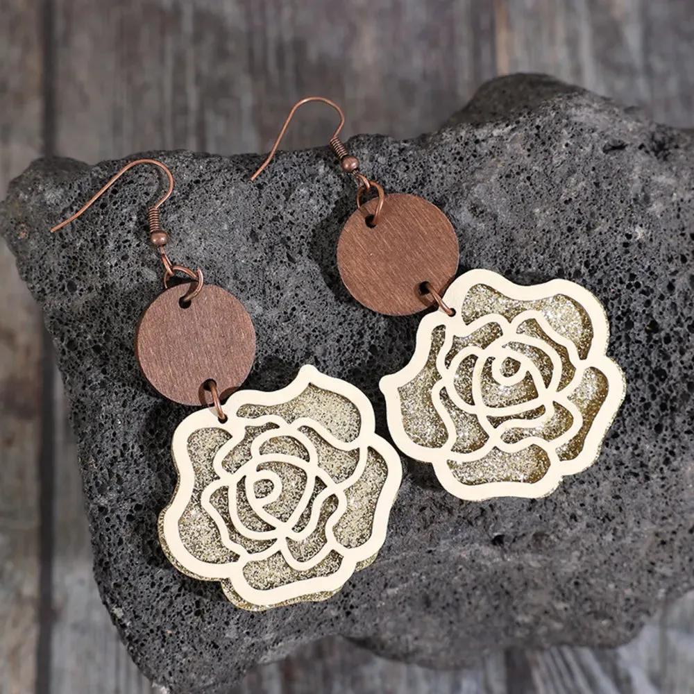 Wooden Alloy Rose Shape Dangle Earrings sold by Gigi Laurent product image thumbnail 4