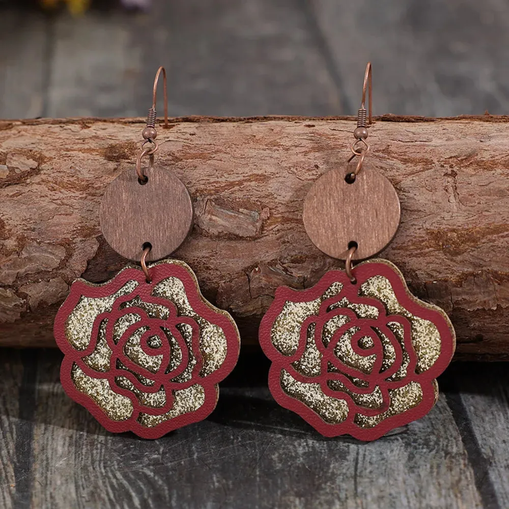 Wooden Alloy Rose Shape Dangle Earrings sold by Gigi Laurent product image thumbnail 2