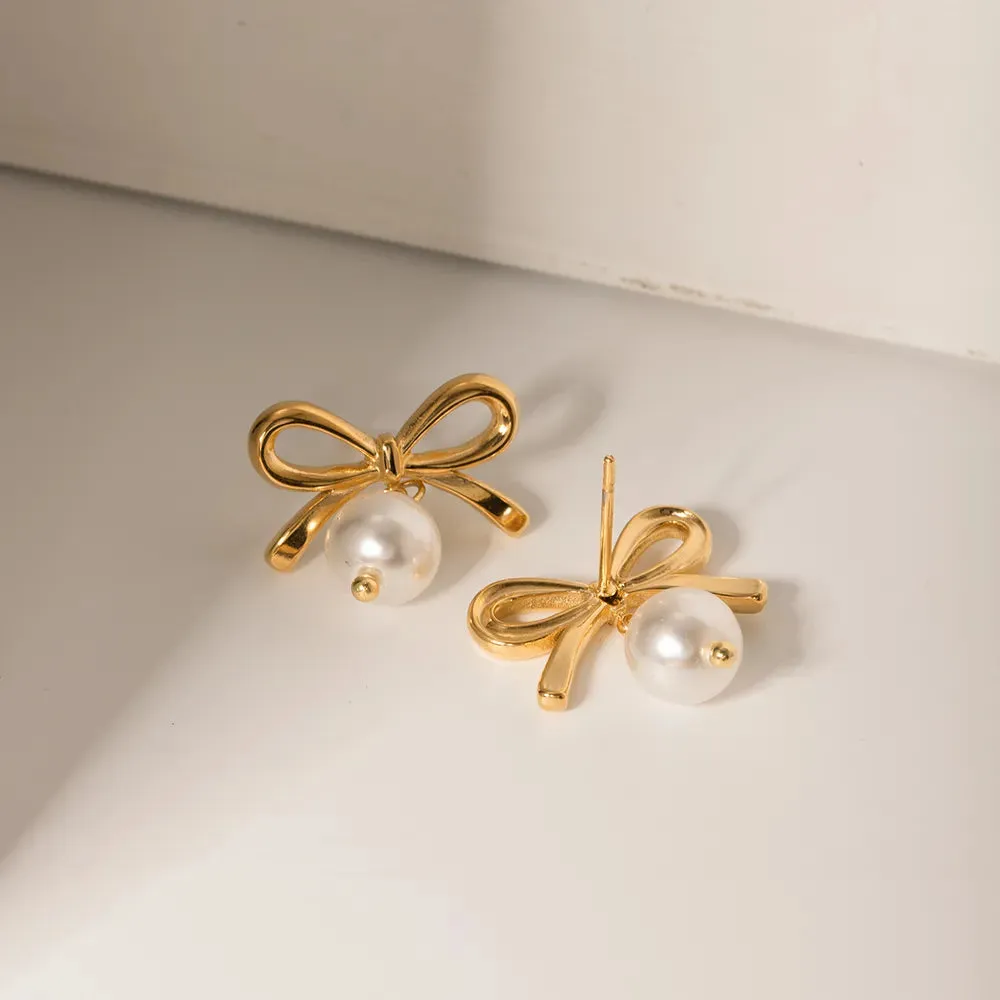 Stainless Steel Bow Pearl Earrings sold by Gigi Laurent product image thumbnail 2