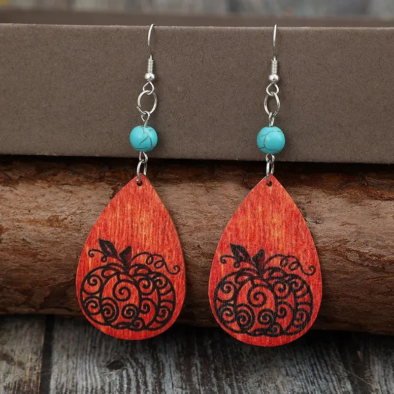 Turquoise Wooden Pumpkin Teardrop Earrings sold by Gigi Laurent product image thumbnail 4