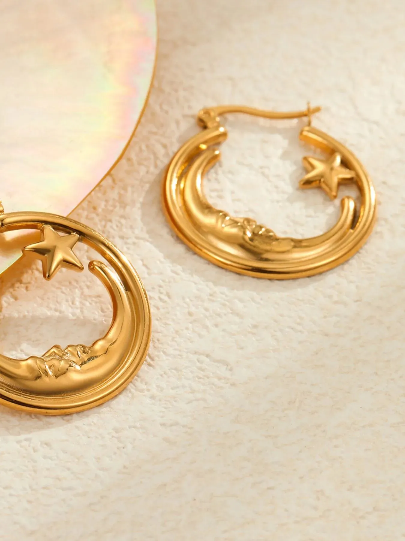 18K Gold-Plated Crescent Moon Star Hoop Earrings sold by Gigi Laurent product image thumbnail 2