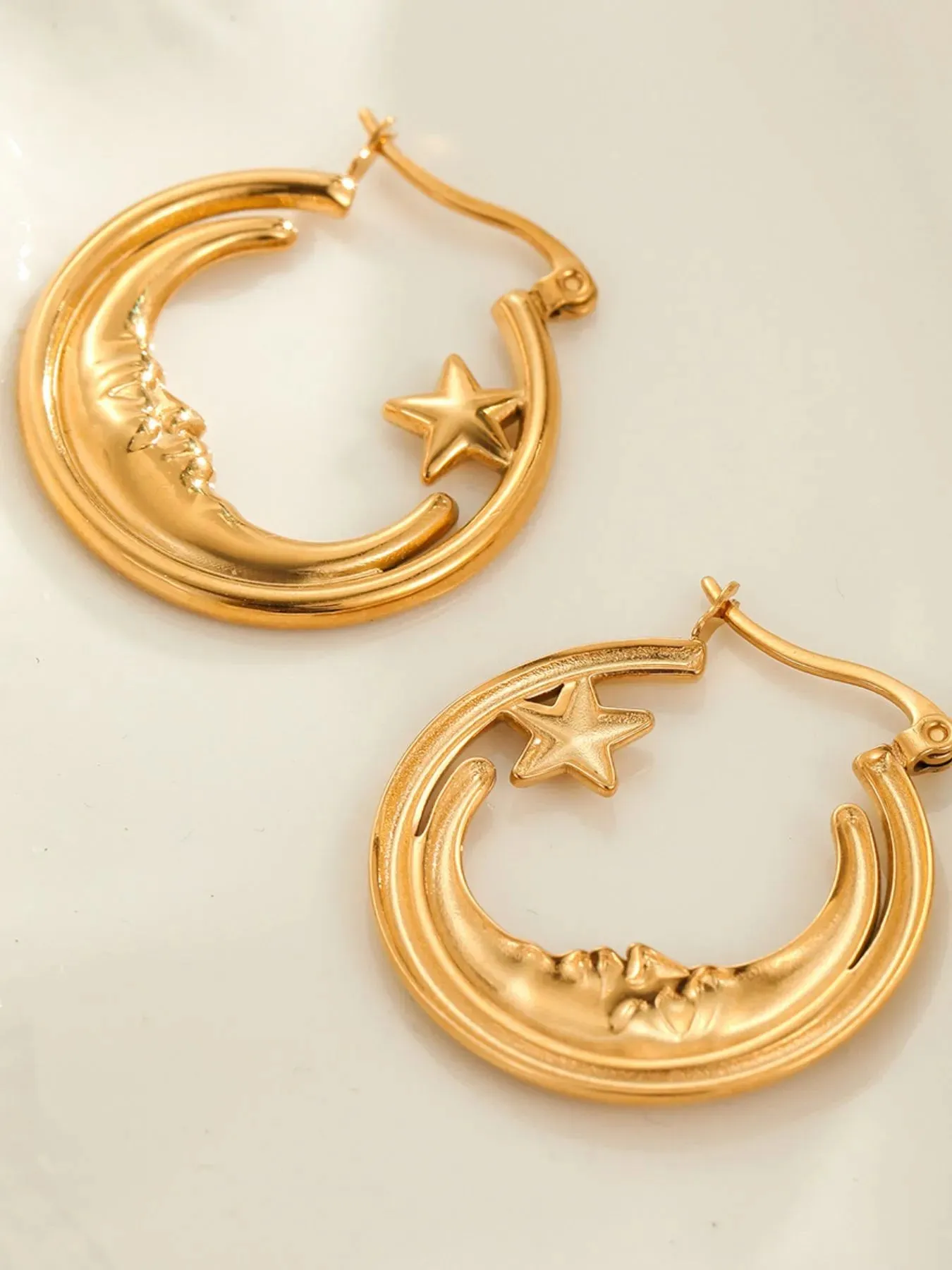 18K Gold-Plated Crescent Moon Star Hoop Earrings sold by Gigi Laurent product image thumbnail 4