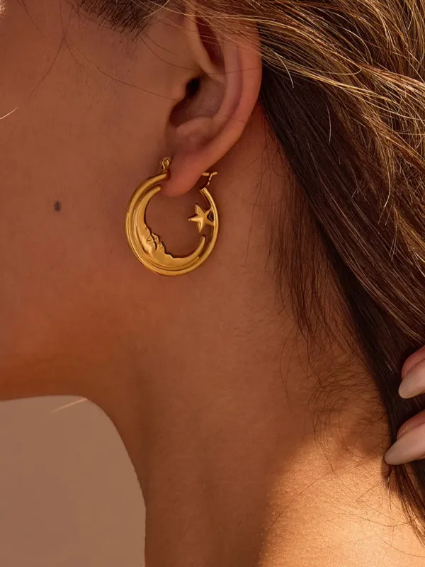 18K Gold-Plated Crescent Moon Star Hoop Earrings sold by Gigi Laurent