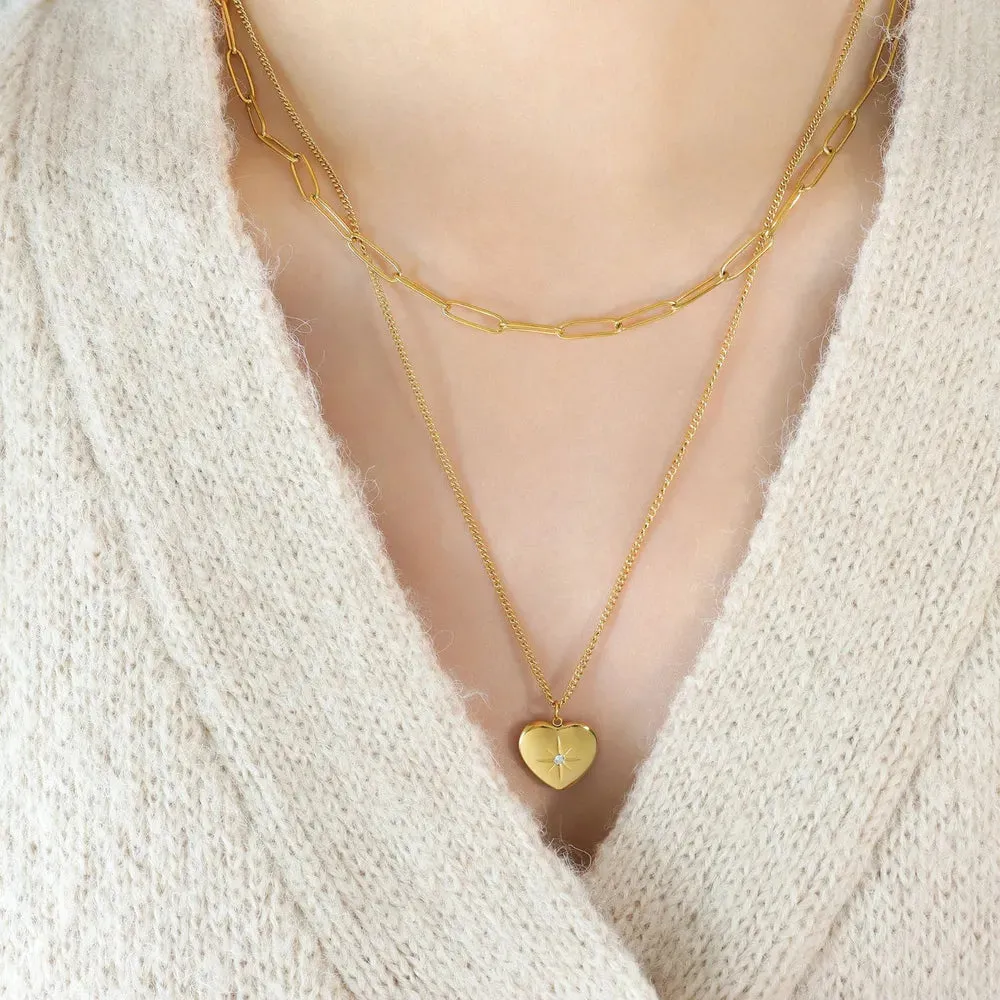 Inlaid Zircon Double Layered Heart Pendant Necklace sold by Gigi Laurent