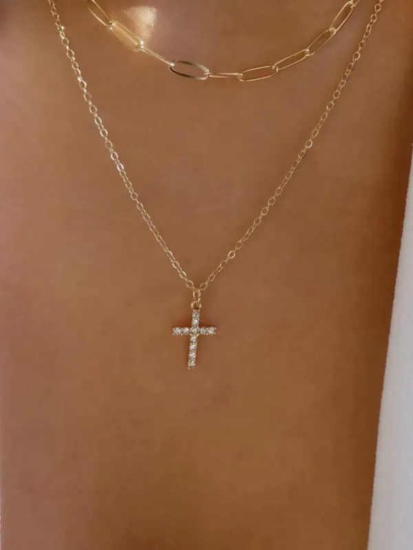 Double Layered Inlaid Zircon Cross Pendant Necklace made by Trendsi