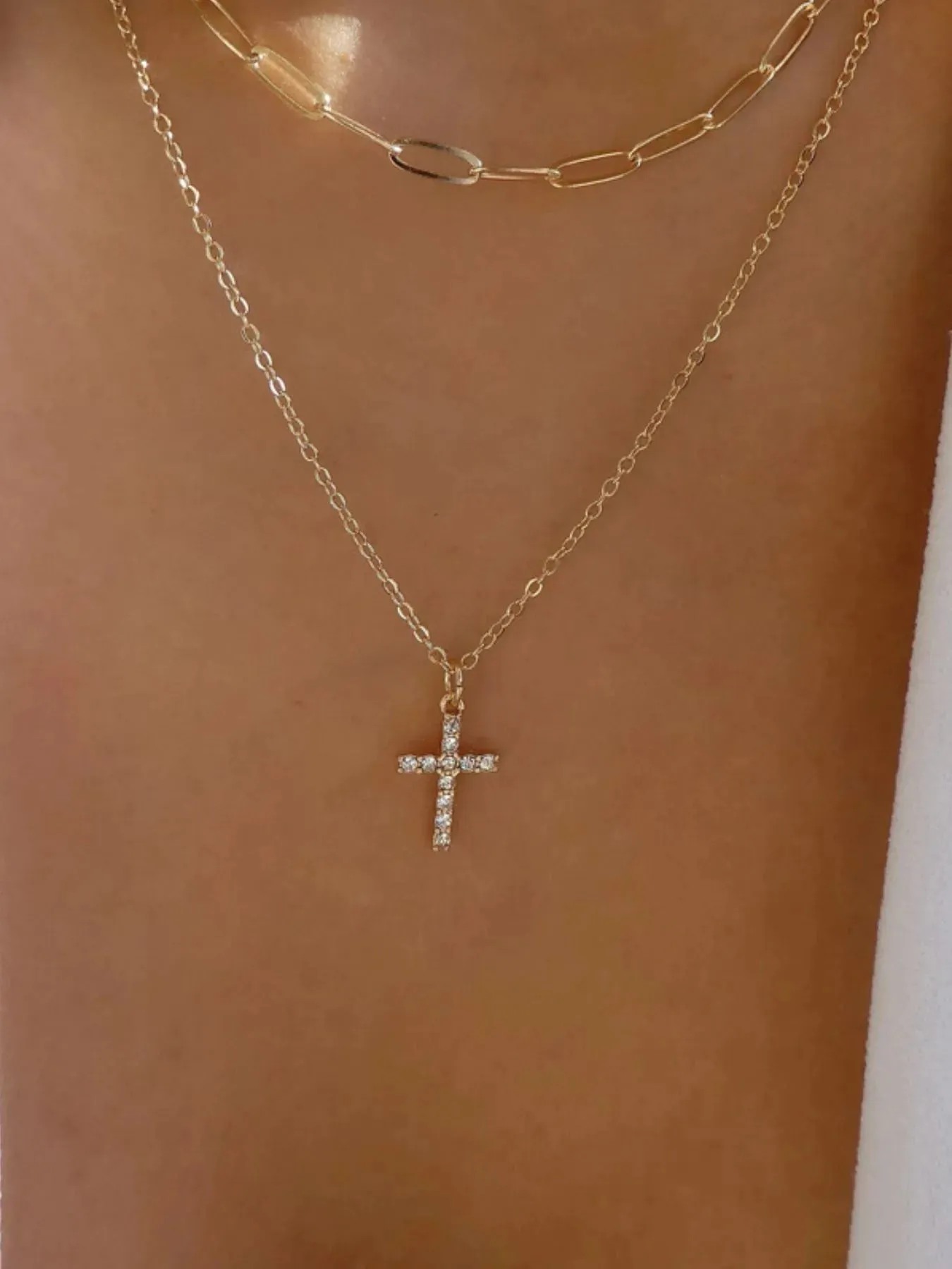 Double Layered Inlaid Zircon Cross Pendant Necklace sold by Gigi Laurent
