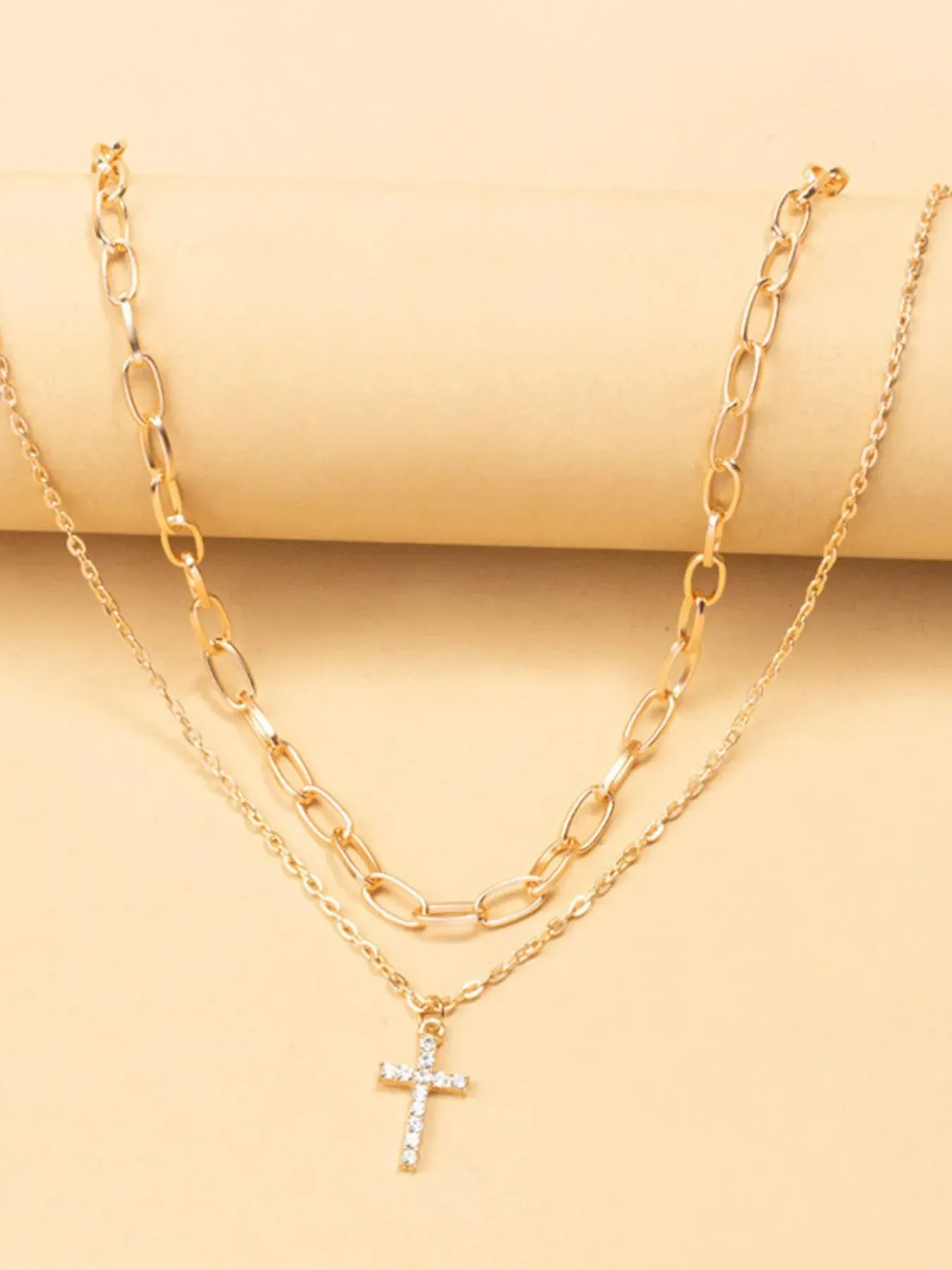 Double Layered Inlaid Zircon Cross Pendant Necklace sold by Gigi Laurent product image thumbnail 3