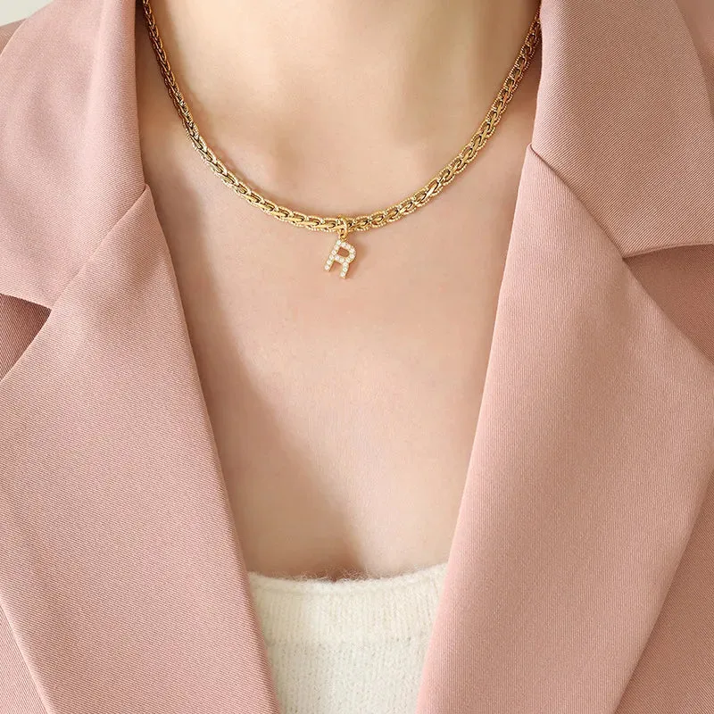 Brass Inlaid Zircon Letter Pendant Necklace sold by Gigi Laurent