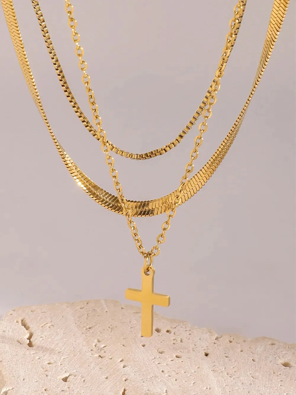 18K Gold-Plated Three-Layered Cross Necklace sold by Gigi Laurent