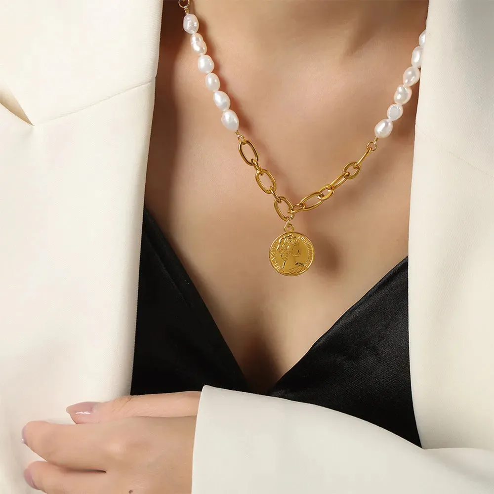 Coin pendant Pearl Titanium Steel Necklace sold by Gigi Laurent