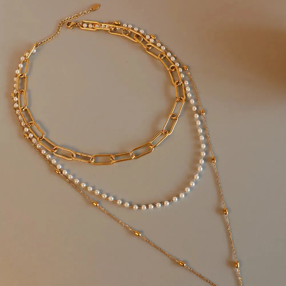 Synthetic Pearl Titanium Steel Three-Layered Necklace sold by Gigi Laurent product image thumbnail 3
