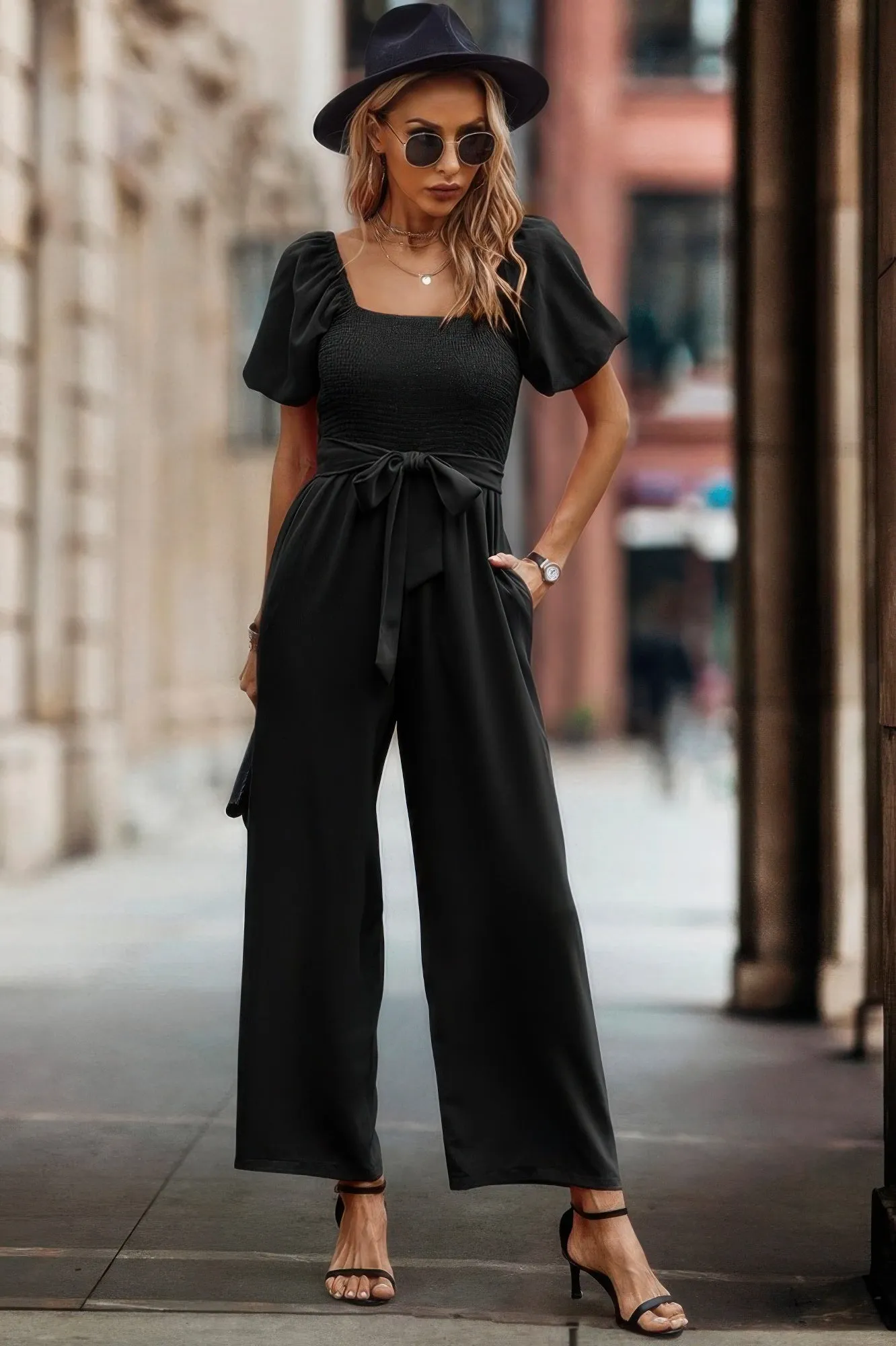 Square Neck Puff Sleeve Belted Fit Jumpsuit sold by Gigi Laurent
