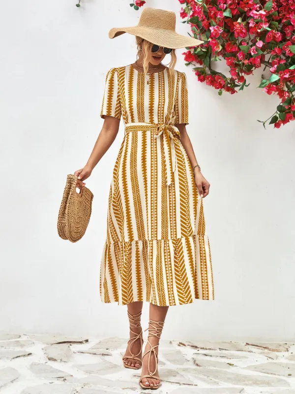 Striped Tie Belt Round Neck Puff Sleeve Dress sold by Gigi Laurent