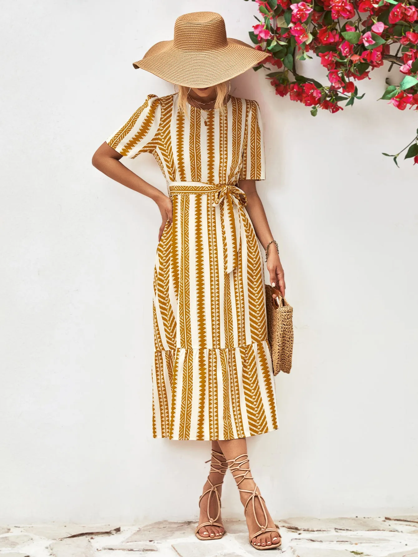 Striped Tie Belt Round Neck Puff Sleeve Dress sold by Gigi Laurent product image thumbnail 4