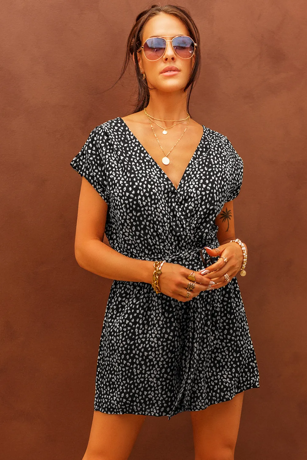Printed Short Sleeve Romper with Belt sold by Gigi Laurent