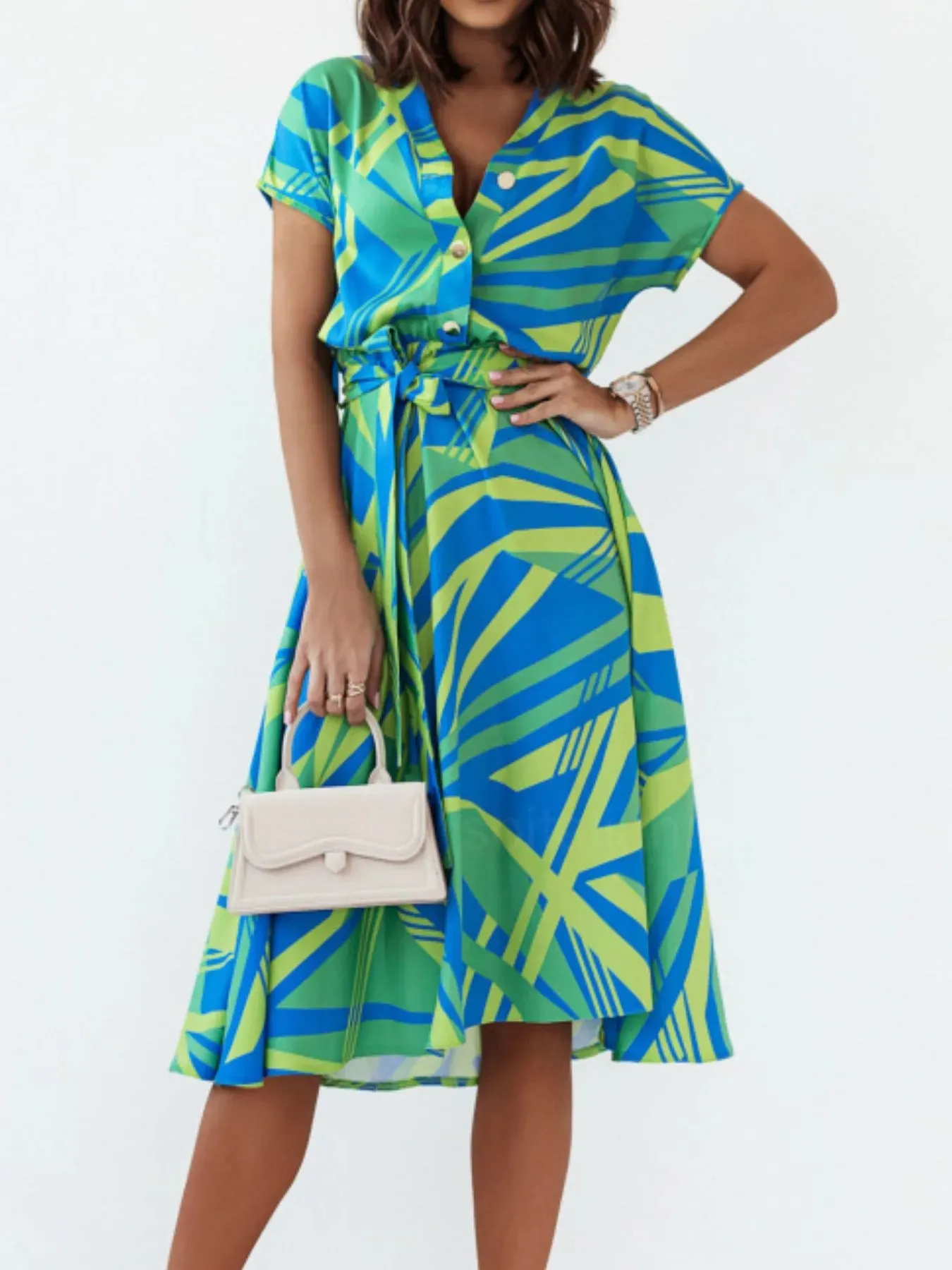 Printed Button Front Midi Dress with Belt sold by Gigi Laurent