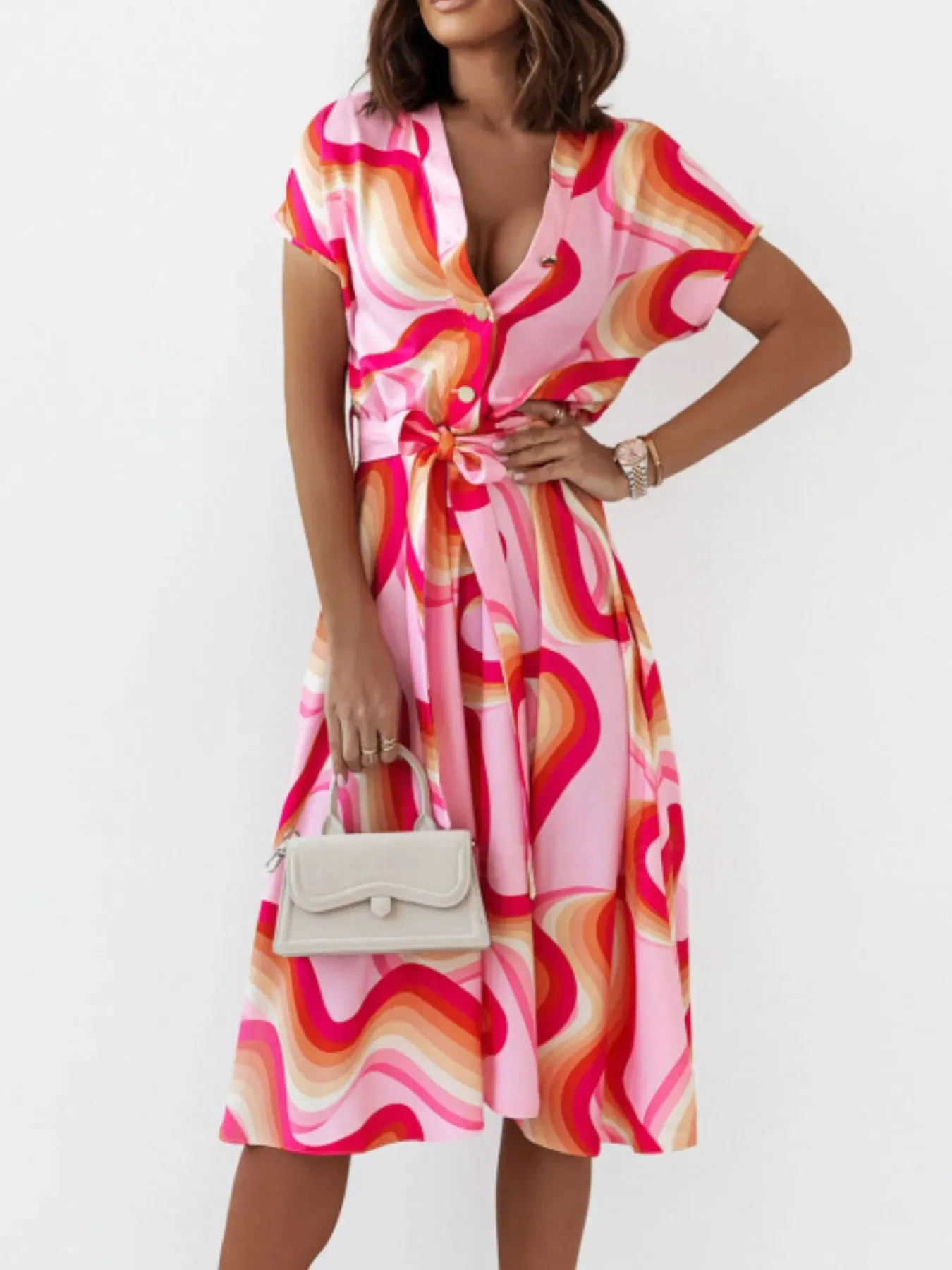 Printed Button Front Midi Dress with Belt sold by Gigi Laurent product image thumbnail 5