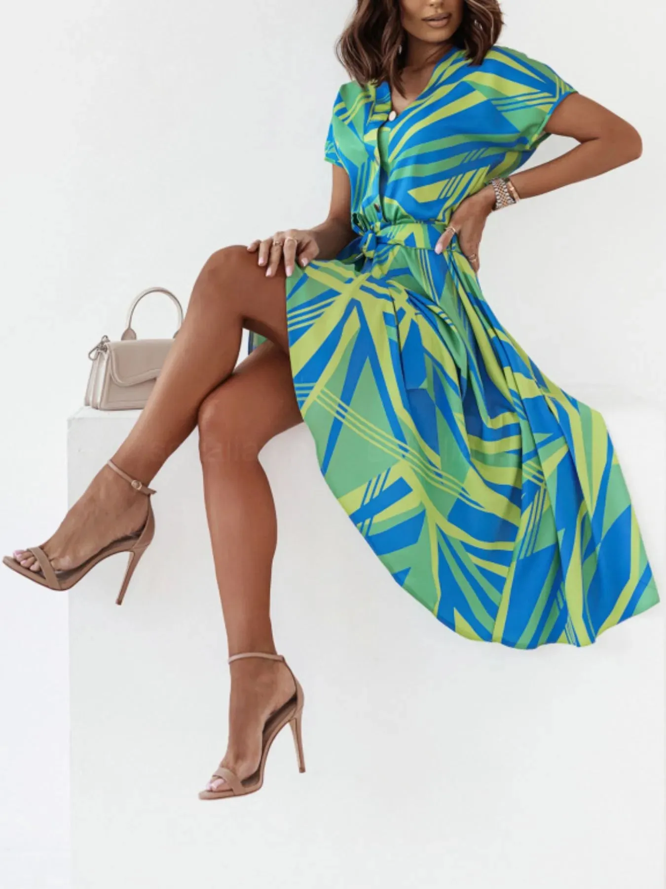 Printed Button Front Midi Dress with Belt sold by Gigi Laurent product image thumbnail 3
