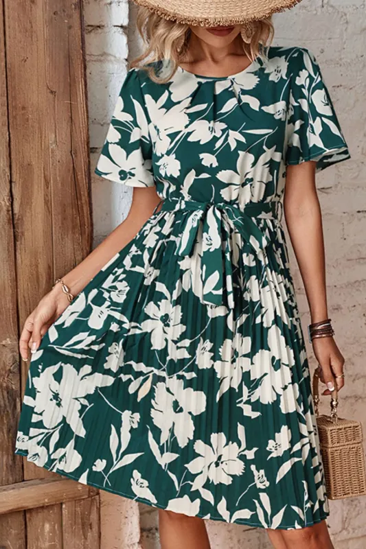 Perfee Floral Round Neck Tie Belt Pleated Dress sold by Gigi Laurent