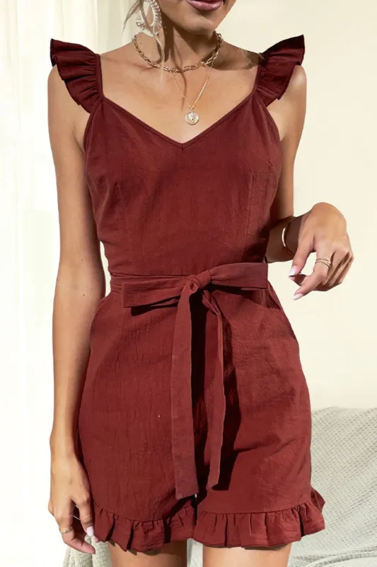 Shiny Tie Belt V-Neck Ruffled Romper sold by Gigi Laurent