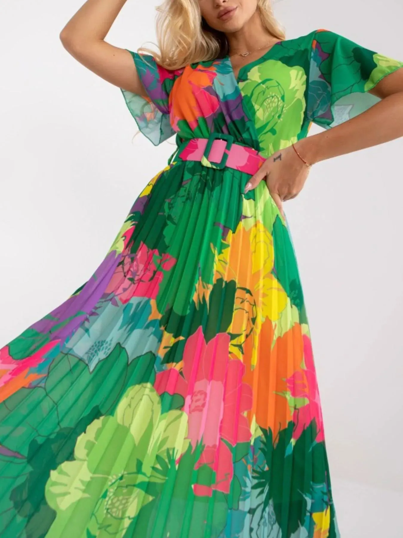 Printed Pleated Midi Wrap Dress with Belt sold by Gigi Laurent product image thumbnail 4
