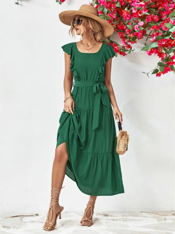 Tie Belt Ruffled Tiered Dress sold by Gigi Laurent