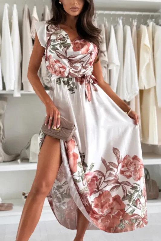Floral Print Cap Sleeve Dress with Belt made by Trendsi