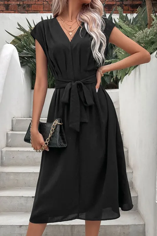 Perfee Tie Belt V-Neck Pleated Dress sold by Gigi Laurent