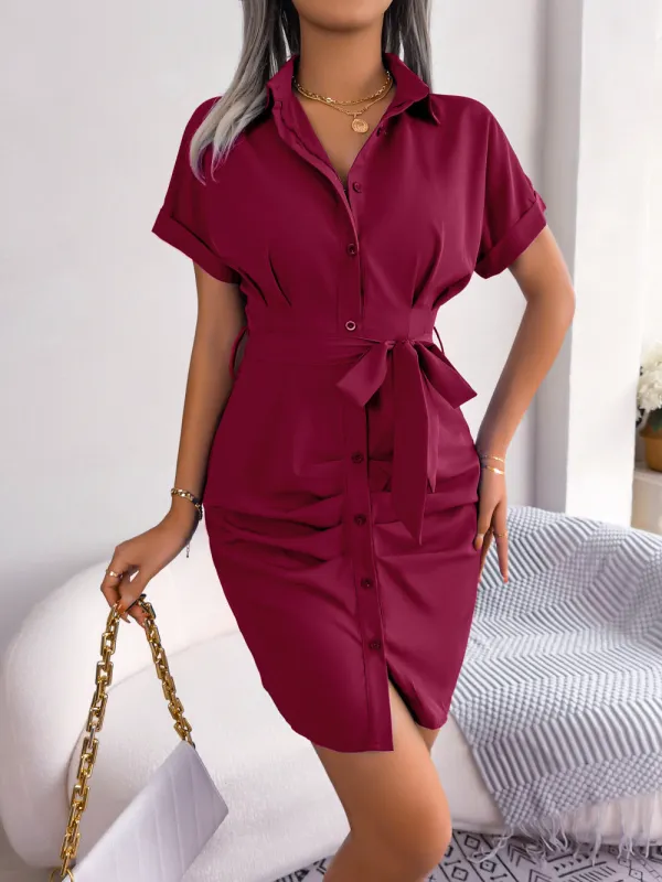 Button Down Ruched Tie Belt Dress sold by Gigi Laurent