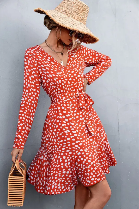 Printed V-Neck Tie Belt Ruffle Hem Mini Dress sold by Gigi Laurent