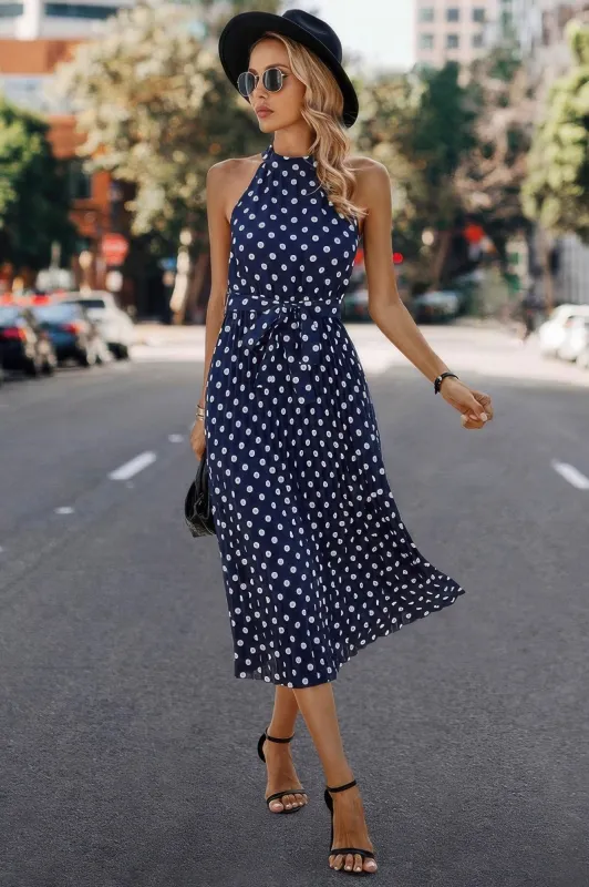 Dot Print Open Shoulder Fit Knot Belt Dress sold by Gigi Laurent
