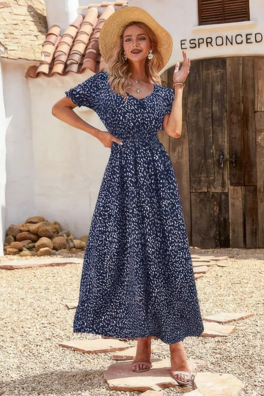 Allover Print Puff Sleeve Ruched Shirred Dress made by C.C