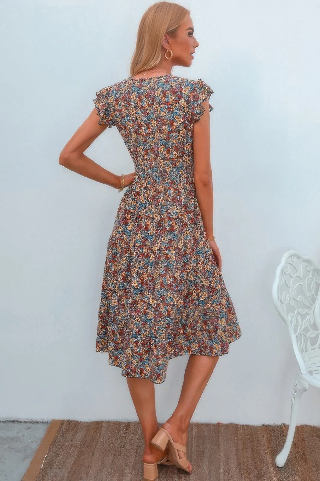 Boho Floral V Neck Ruffle Sleeve A Line Midi Dress sold by Gigi Laurent product image thumbnail 3