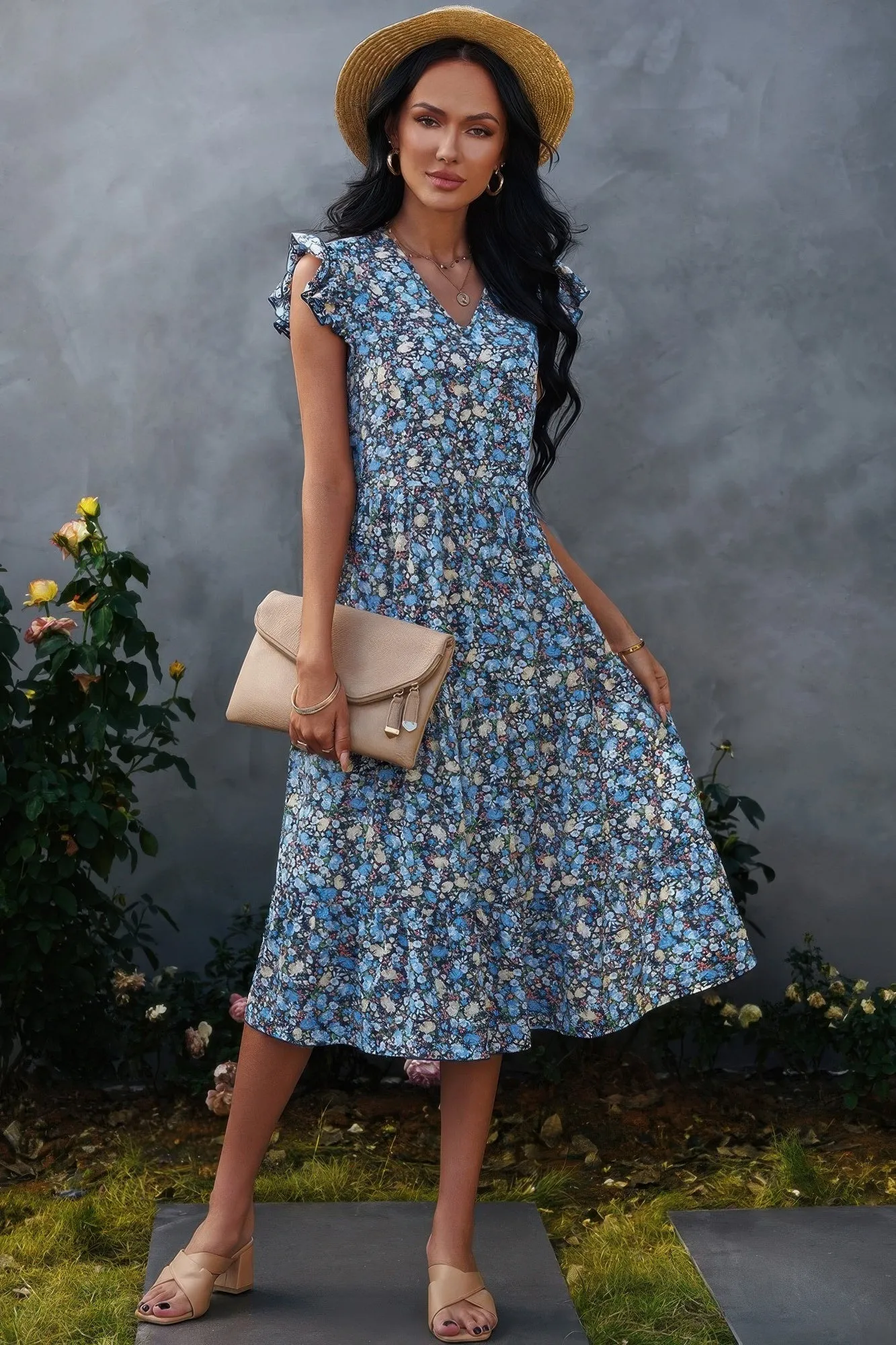 Boho Floral V Neck Ruffle Sleeve A Line Midi Dress sold by Gigi Laurent product image thumbnail 4