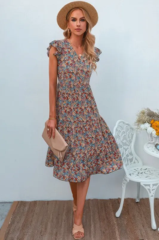 Boho Floral V Neck Ruffle Sleeve A Line Midi Dress sold by Gigi Laurent