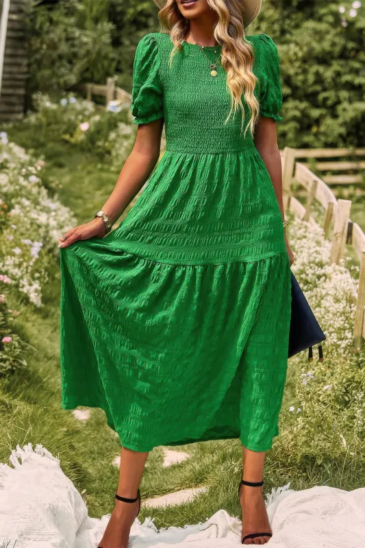 Pleated Tiered Solid Short Puff Sleeve A Line Dres sold by Gigi Laurent