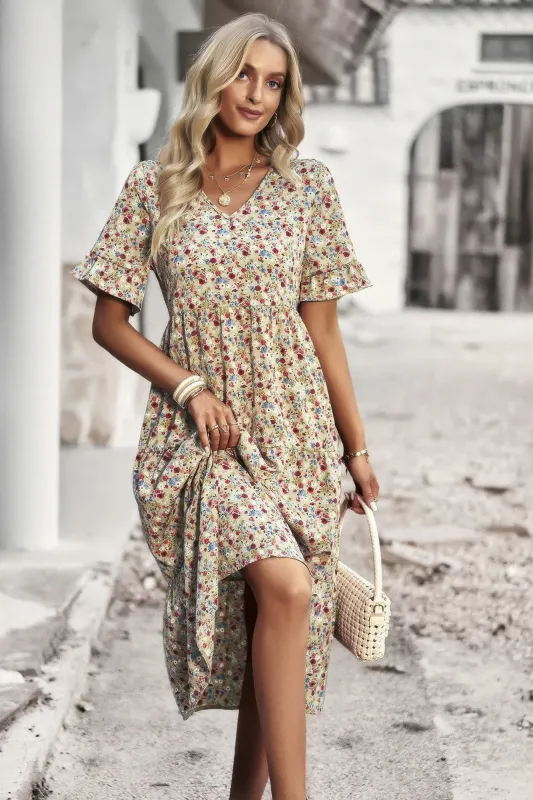 Boho Floral Ruffle Hem V Neck Short Sleeve Dress sold by Gigi Laurent