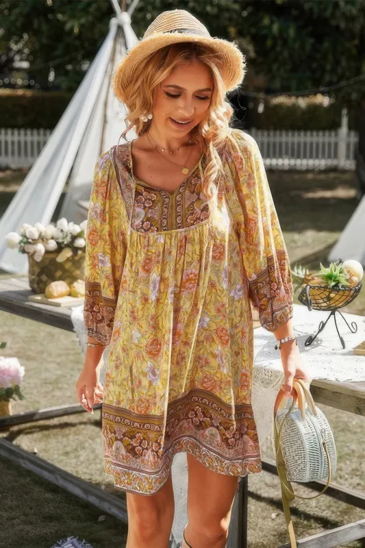 Floral V Neck Long Sleeve Boho A Line Dress sold by Gigi Laurent