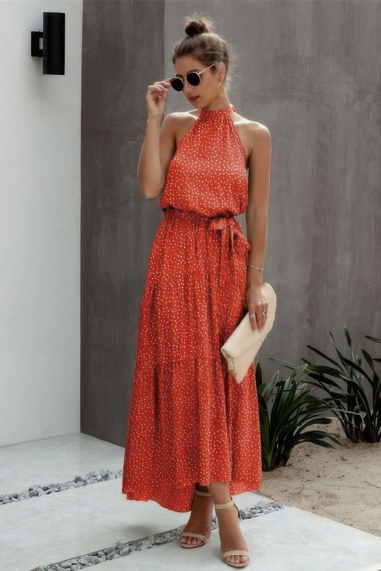 Tie Back Polka Dot Ruffle Hem Halter Dress sold by Gigi Laurent