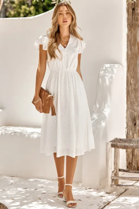 V Neck Short Sleeve Solid Ruffle A Line Midi Dress sold by Gigi Laurent