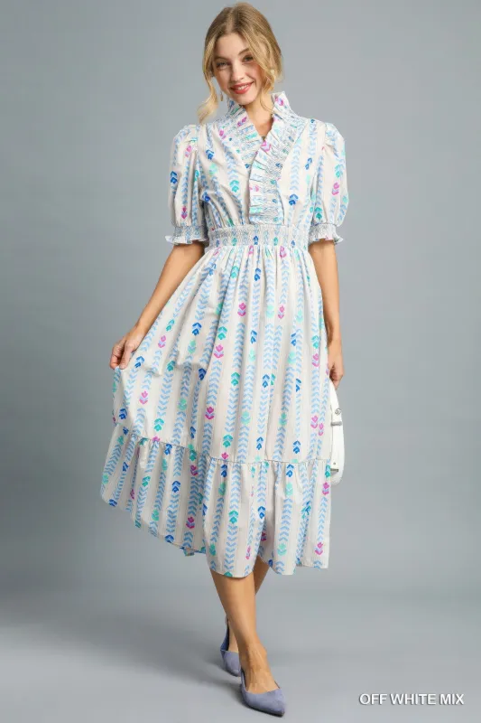 Vibrant Ruffle Smocked Midi Dress sold by Gigi Laurent