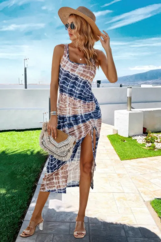 Scoop Neck Tie Dye Split Thigh Drawstring Midi Dress sold by Gigi Laurent
