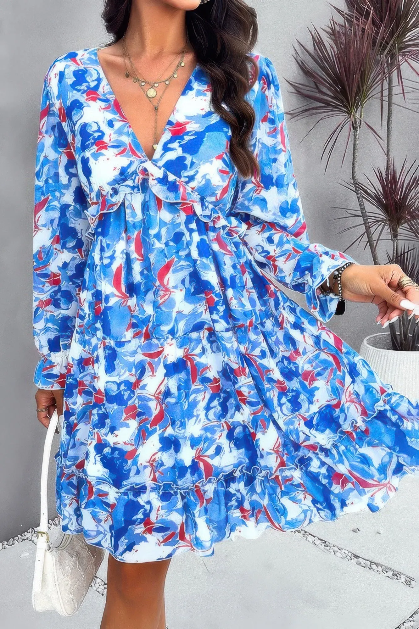 Elegant Printed V Neck Ruffled A Line Mini Dress sold by Gigi Laurent product image thumbnail 2