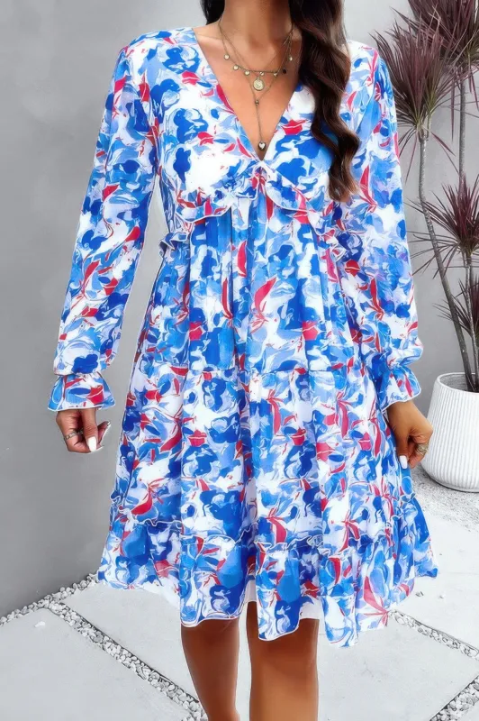 Elegant Printed V Neck Ruffled A Line Mini Dress sold by Gigi Laurent