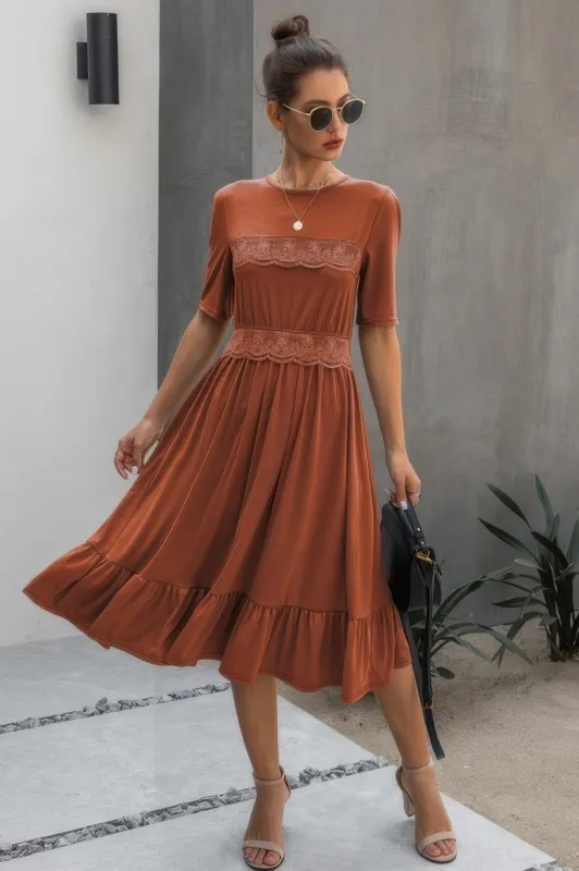 Round Neck Lace Detail Ruffle Hem Midi Dress sold by Gigi Laurent