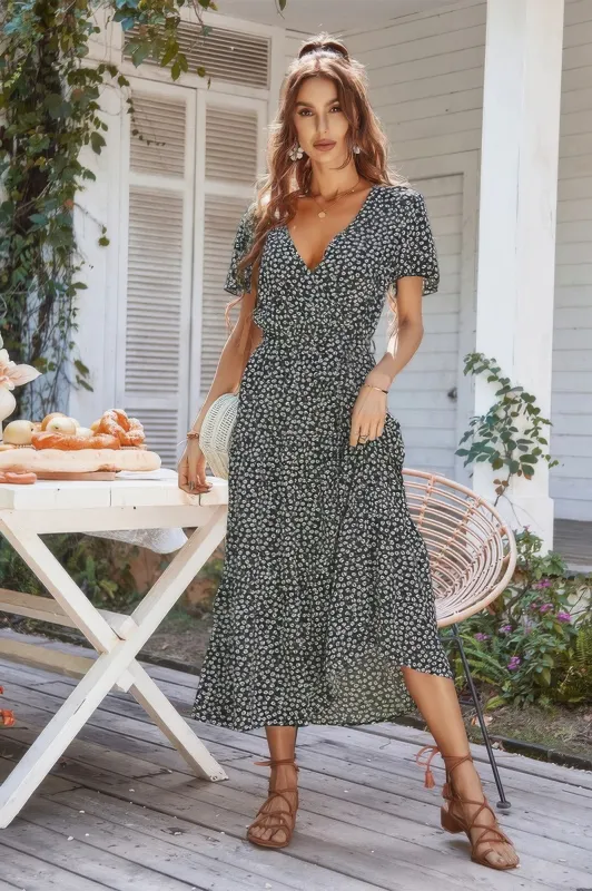 Floral Ruffle Hem Slit Short Sleeve Full Dress sold by Gigi Laurent