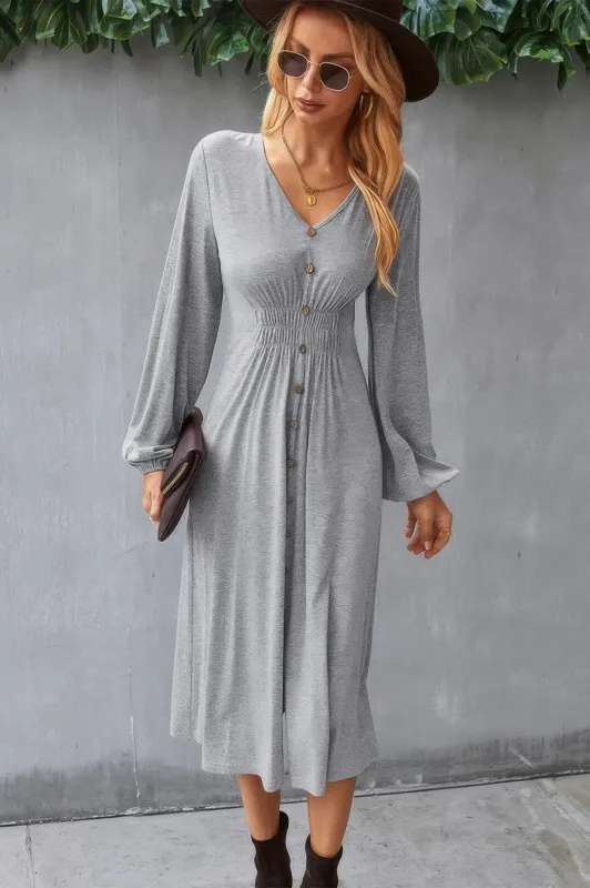 Solid V Neck Elastic Waist Button Long Sleeve Dress sold by Gigi Laurent