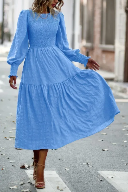 Solid Round Neck Puff Long Sleeve Midi Dress sold by Gigi Laurent
