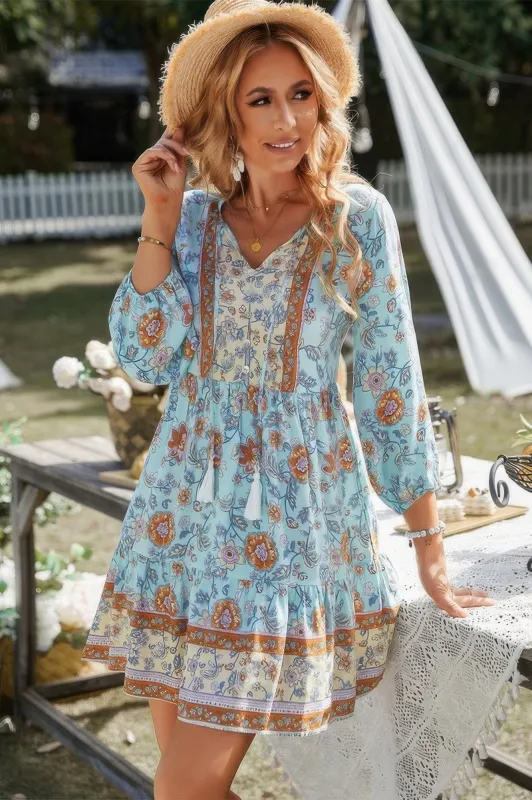 Floral Printed Button Down V Neck Long Sleeve Dress sold by Gigi Laurent
