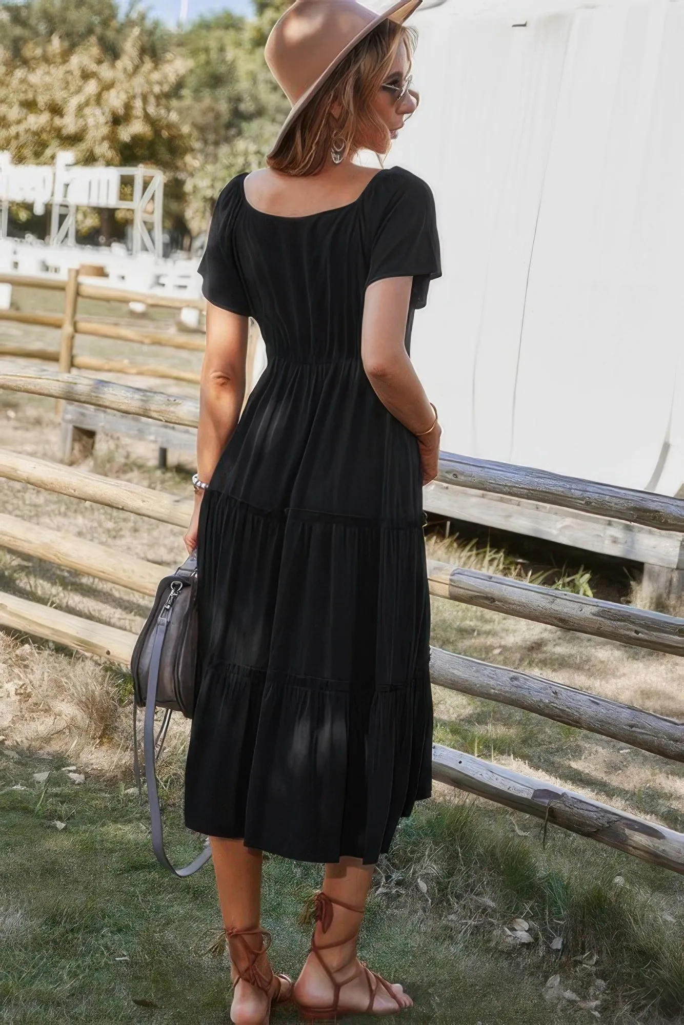 Button V Neck Tiered Short Sleeve Midi Dress sold by Gigi Laurent product image thumbnail 2